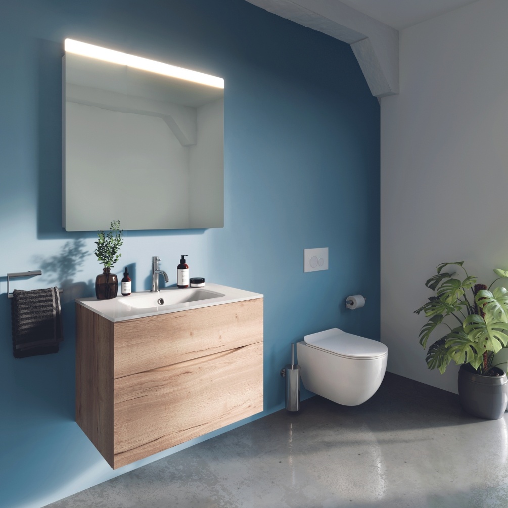 Product Lifestyle image of the Crosswater Glide II Windsor Oak 700mm Double Drawer Unit with Cast Mineral Marble 1 Tap Hole Basin